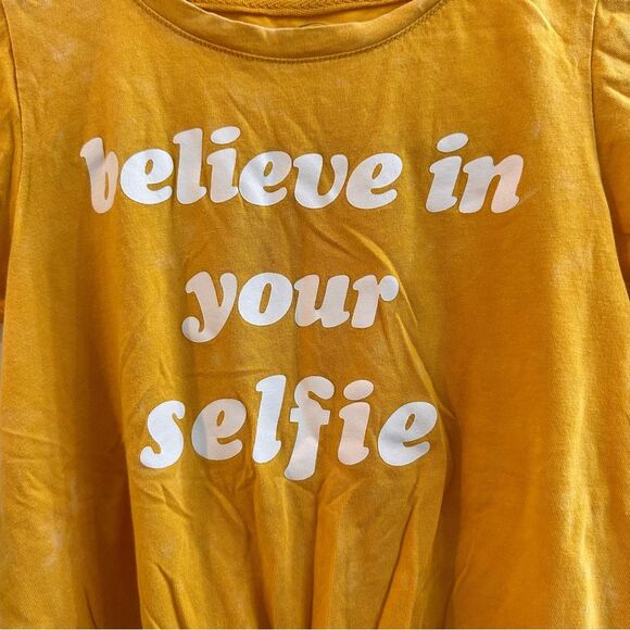 WonderNation"Believe in your selfie" yellow/white speckled twist front SS sz 4/5 - Picture 3 of 7